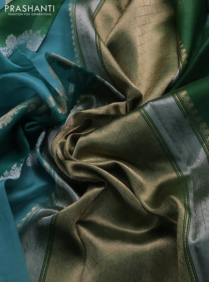 Banarasi organza silk saree teal green with rangakt weaves and zari woven piping boder