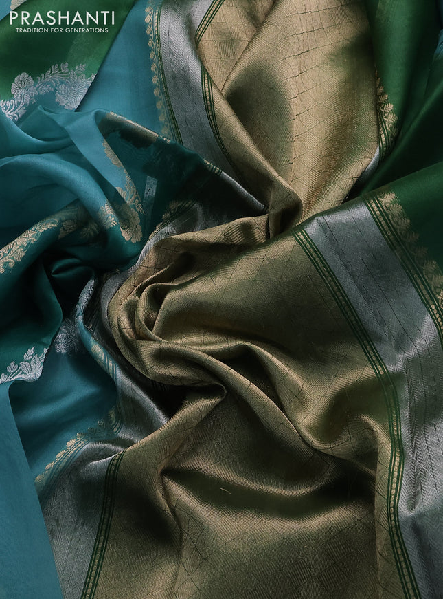 Banarasi organza silk saree teal green with rangakt weaves and zari woven piping boder