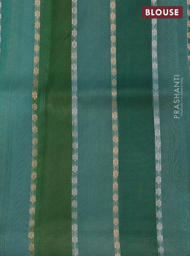 Banarasi organza silk saree teal green with rangakt weaves and zari woven piping boder