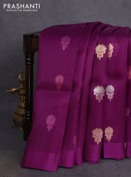 Banarasi organza silk saree deep purple with silver & gold zari woven buttas and satin border