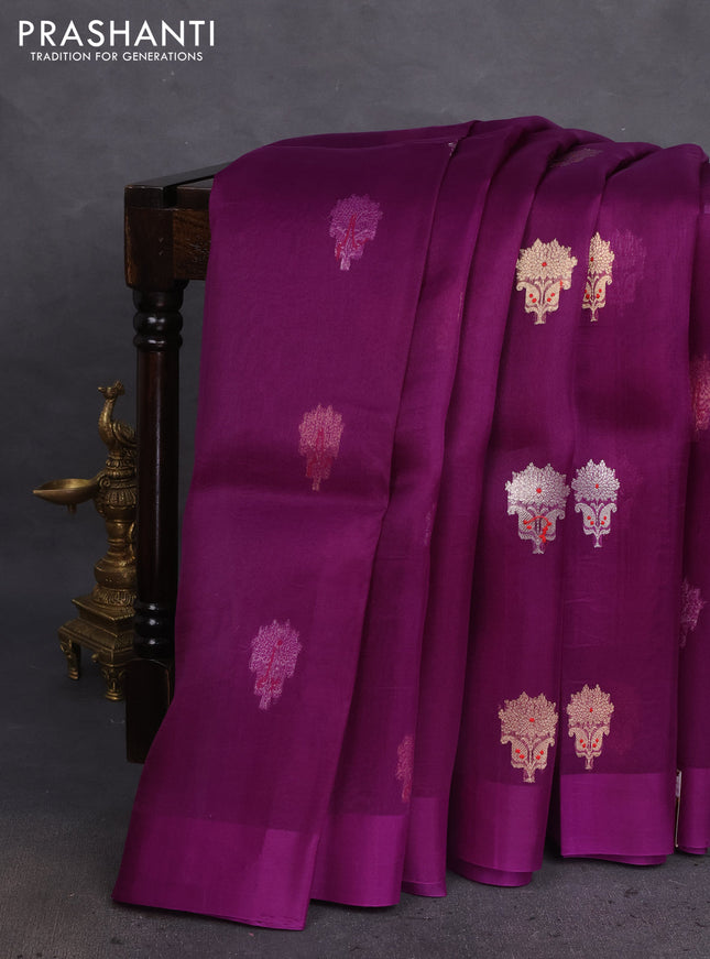 Banarasi organza silk saree deep purple with silver & gold zari woven buttas and satin border