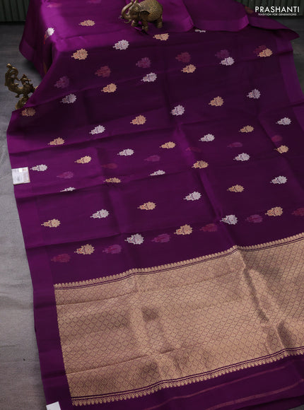 Banarasi organza silk saree deep purple with silver & gold zari woven buttas and satin border