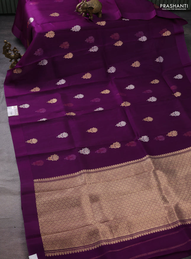 Banarasi organza silk saree deep purple with silver & gold zari woven buttas and satin border