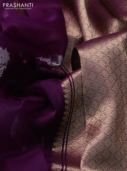 Banarasi organza silk saree deep purple with silver & gold zari woven buttas and satin border
