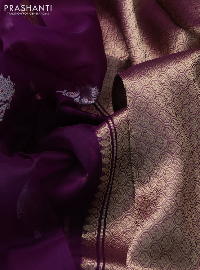 Banarasi organza silk saree deep purple with silver & gold zari woven buttas and satin border