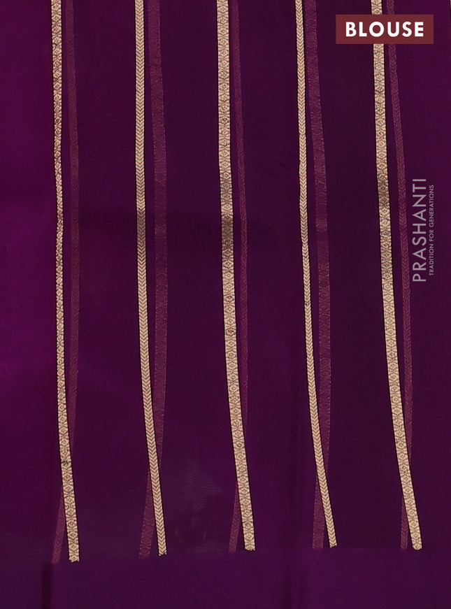 Banarasi organza silk saree deep purple with silver & gold zari woven buttas and satin border