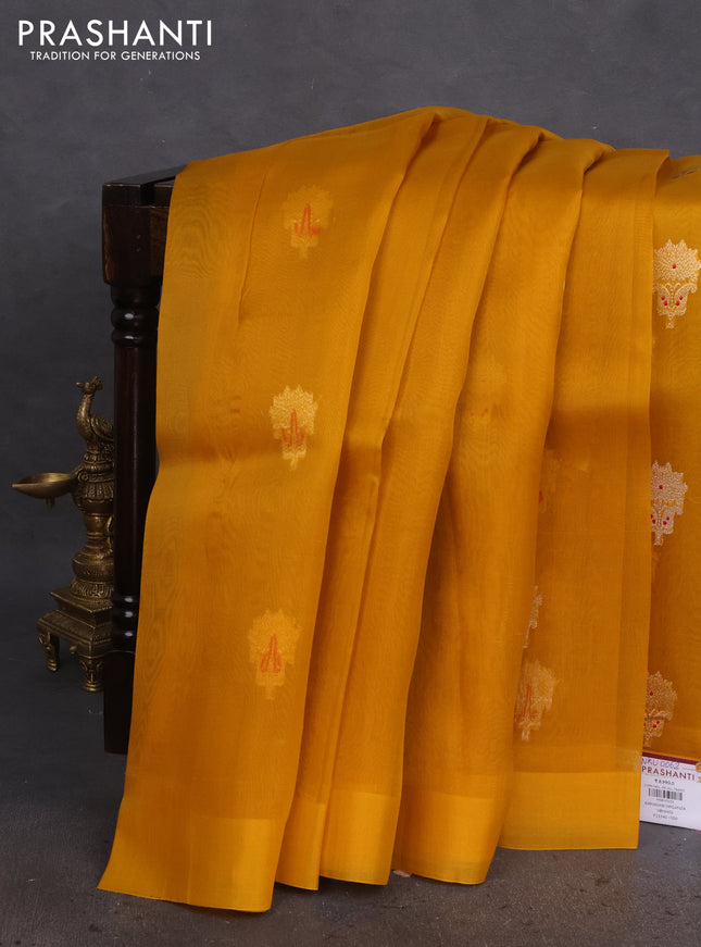 Banarasi organza silk saree mustard yellow with silver & gold zari woven buttas and satin border