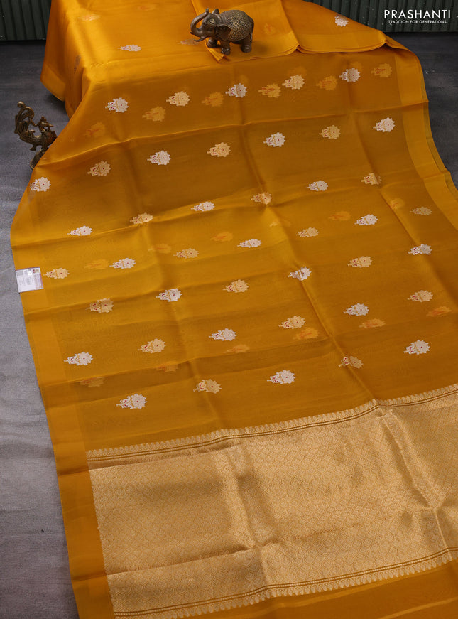Banarasi organza silk saree mustard yellow with silver & gold zari woven buttas and satin border