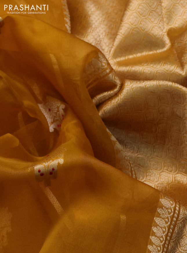 Banarasi organza silk saree mustard yellow with silver & gold zari woven buttas and satin border