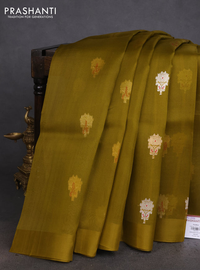 Banarasi organza silk saree mehendi green with silver & gold zari woven buttas and satin border