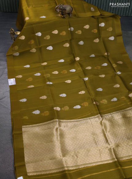 Banarasi organza silk saree mehendi green with silver & gold zari woven buttas and satin border