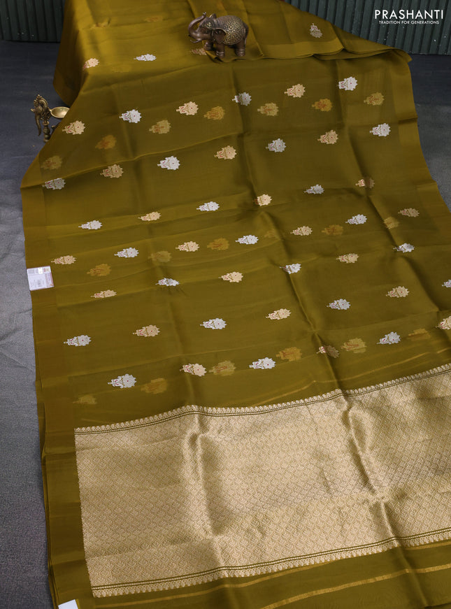 Banarasi organza silk saree mehendi green with silver & gold zari woven buttas and satin border