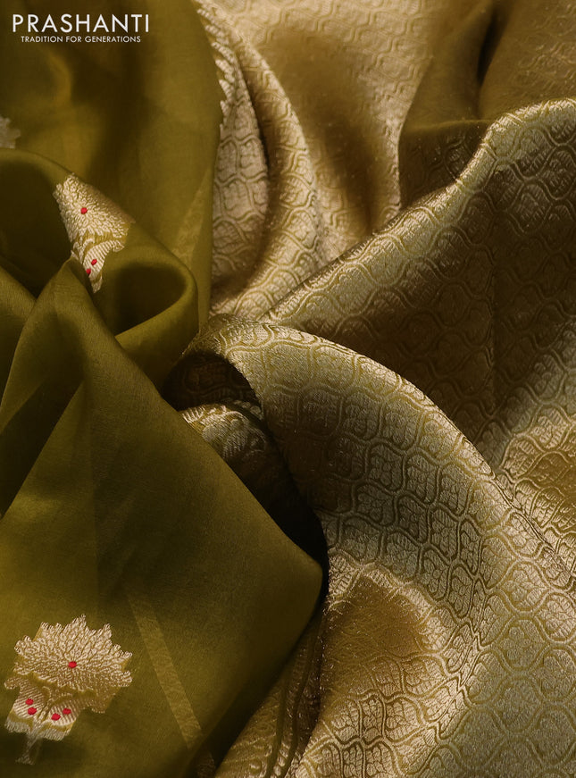 Banarasi organza silk saree mehendi green with silver & gold zari woven buttas and satin border