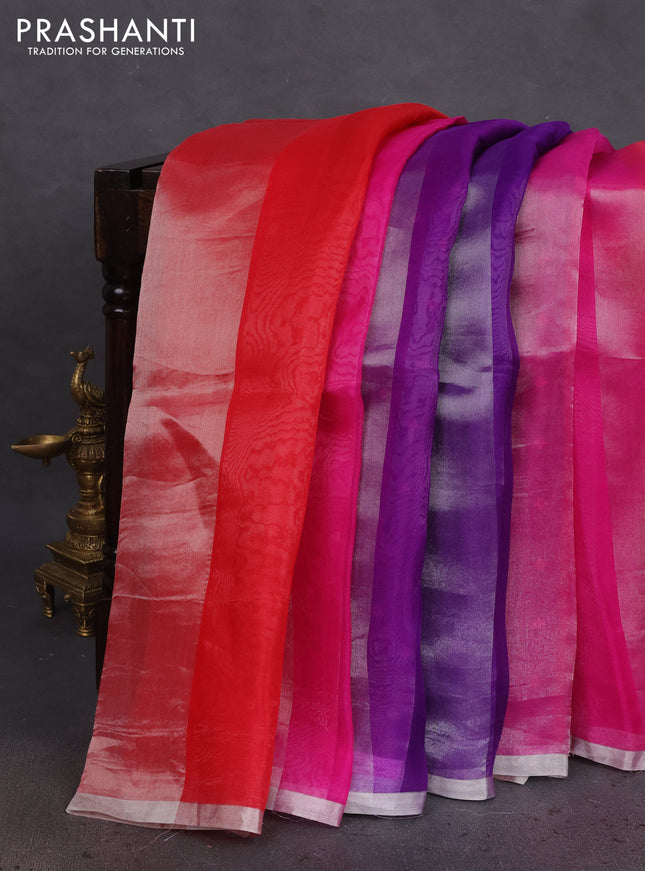 Pure organza silk saree pink reddish pink and violet with allover silver zari stripes pattern and zari woven piping boder