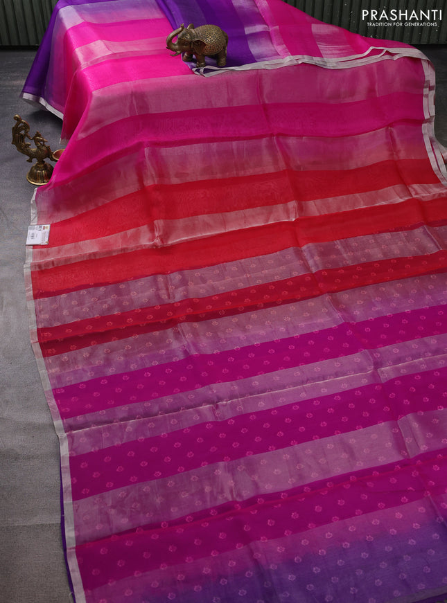 Pure organza silk saree pink reddish pink and violet with allover silver zari stripes pattern and zari woven piping boder