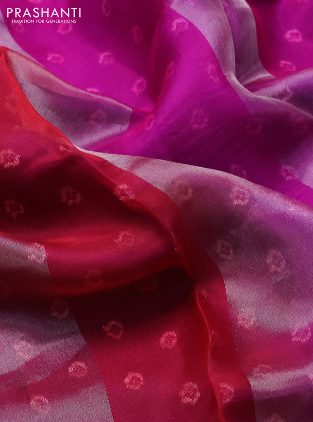 Pure organza silk saree pink reddish pink and violet with allover silver zari stripes pattern and zari woven piping boder