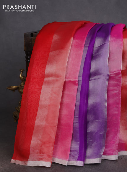Pure organza silk saree red pink and violet with allover silver zari stripes pattern and zari woven piping boder