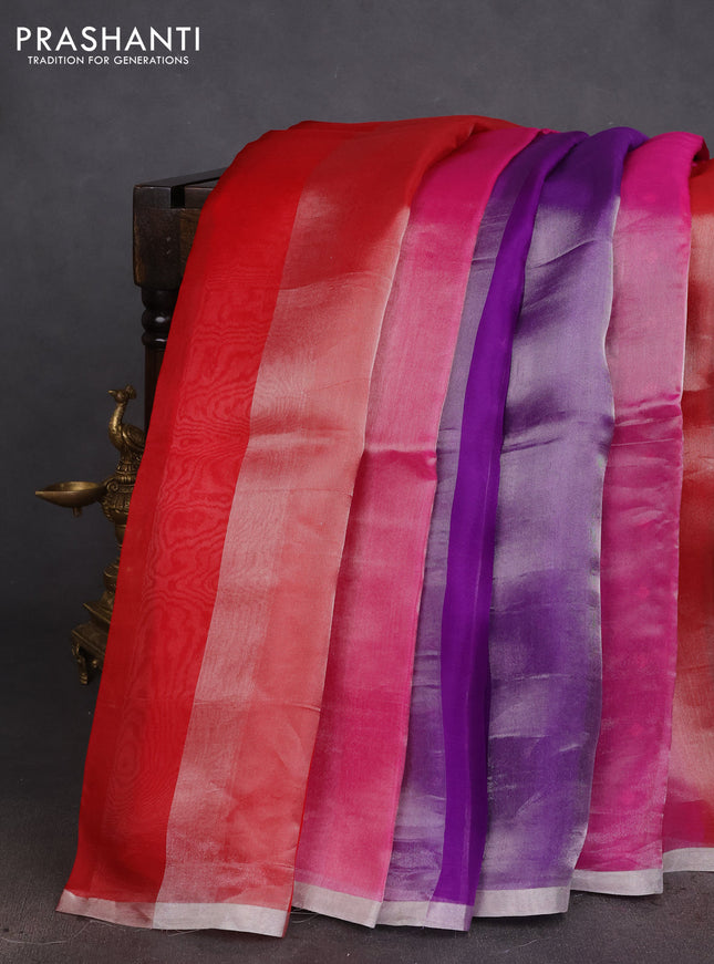 Pure organza silk saree red pink and violet with allover silver zari stripes pattern and zari woven piping boder