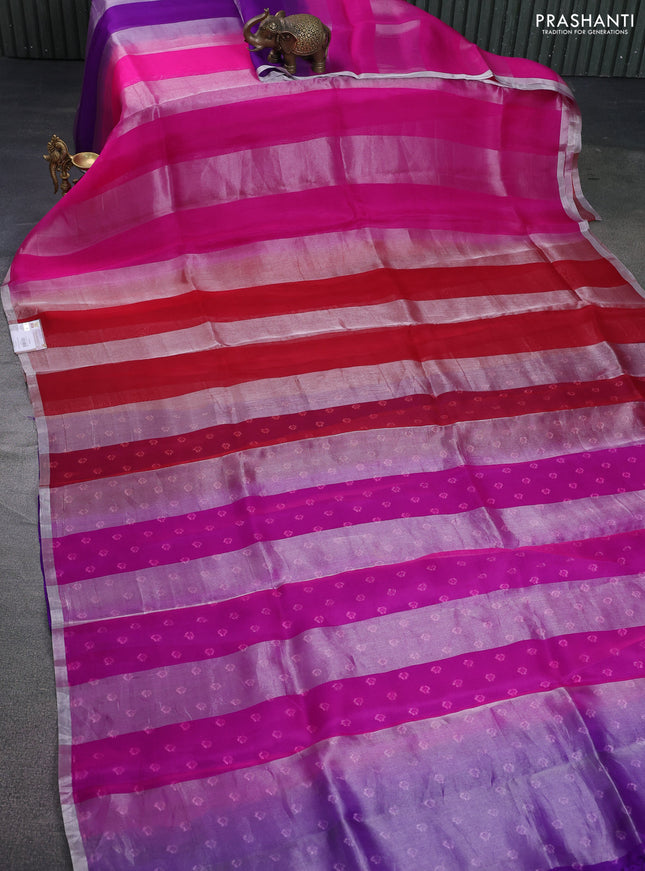 Pure organza silk saree red pink and violet with allover silver zari stripes pattern and zari woven piping boder