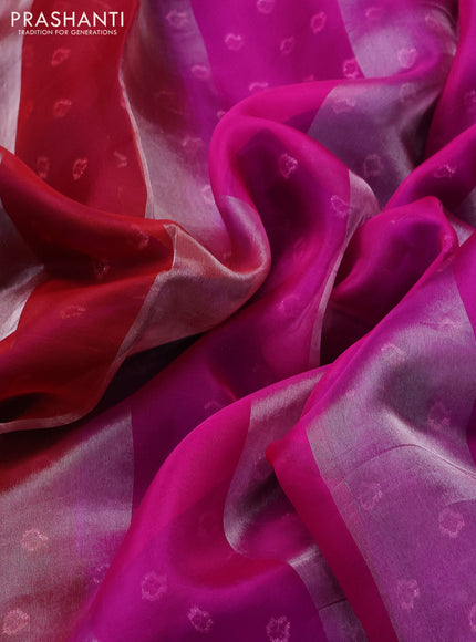 Pure organza silk saree red pink and violet with allover silver zari stripes pattern and zari woven piping boder
