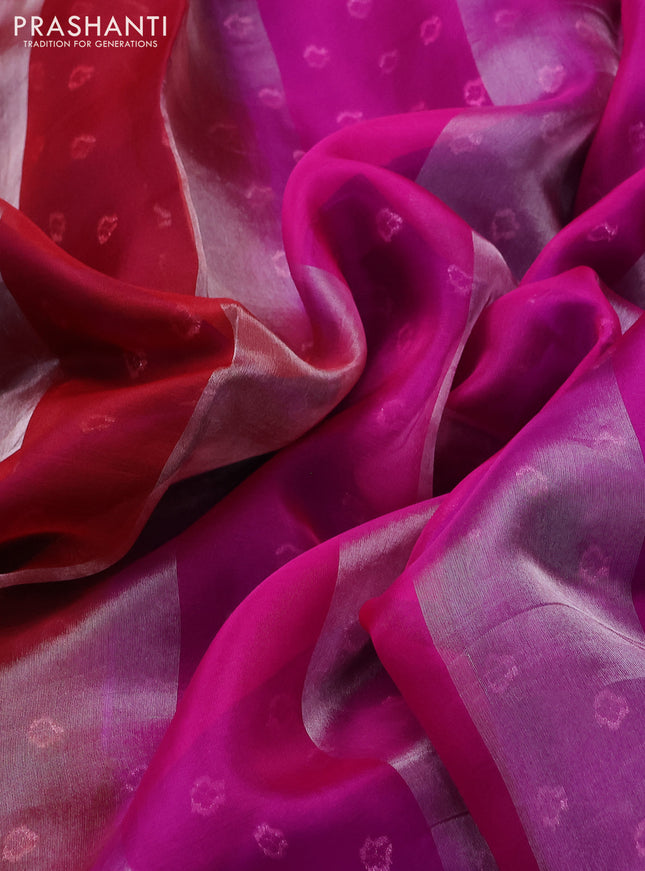 Pure organza silk saree red pink and violet with allover silver zari stripes pattern and zari woven piping boder