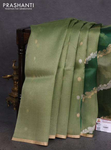 Banarasi organza silk saree pastel green and sap green with allover silver & gold zari weaves and zari woven piping boder