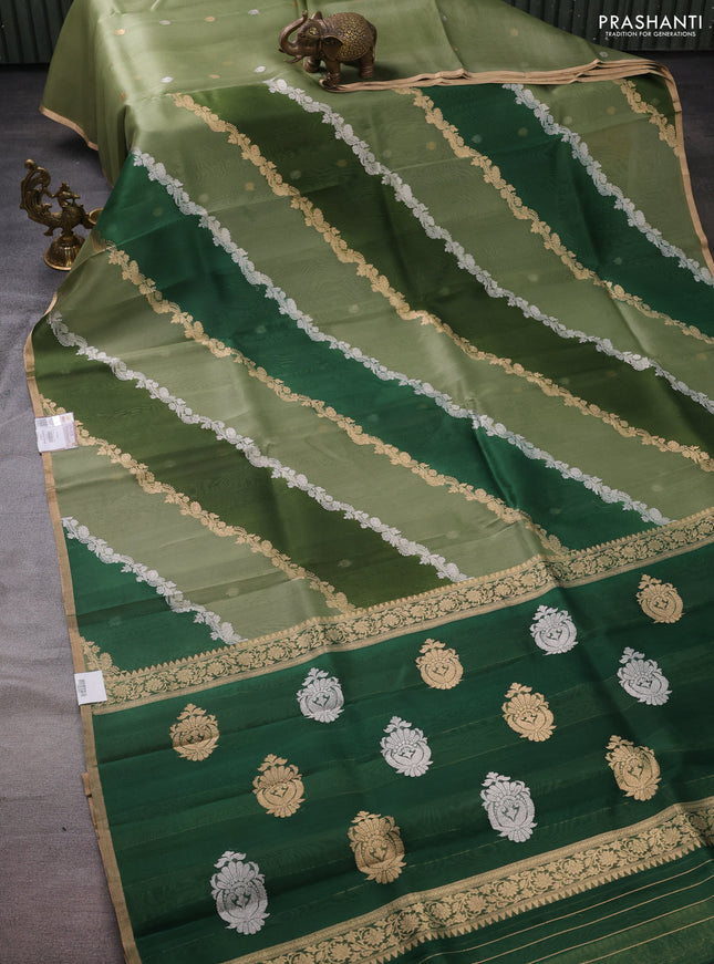 Banarasi organza silk saree pastel green and sap green with allover silver & gold zari weaves and zari woven piping boder