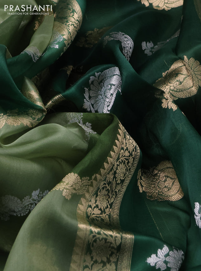 Banarasi organza silk saree pastel green and sap green with allover silver & gold zari weaves and zari woven piping boder