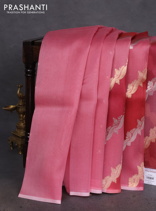 Banarasi organza silk saree pastel pink and maroon with allover silver & gold zari weaves in borderless style