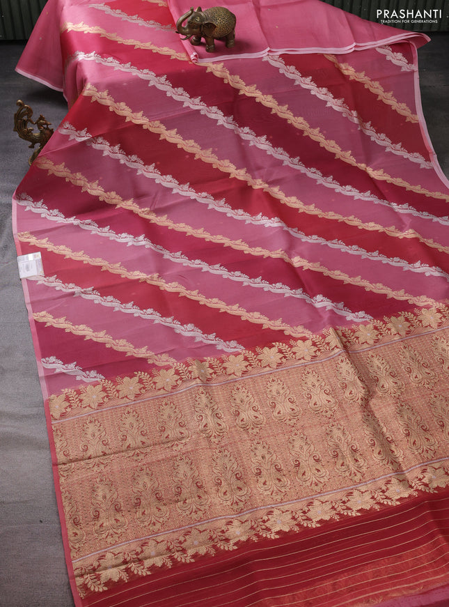 Banarasi organza silk saree pastel pink and maroon with allover silver & gold zari weaves in borderless style