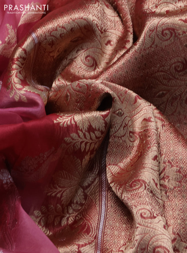 Banarasi organza silk saree pastel pink and maroon with allover silver & gold zari weaves in borderless style
