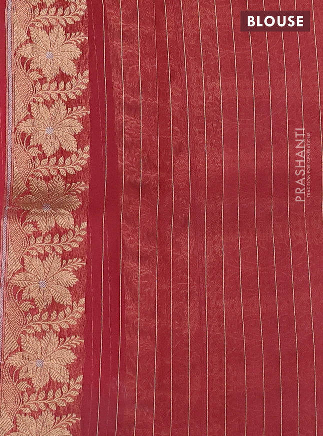 Banarasi organza silk saree pastel pink and maroon with allover silver & gold zari weaves in borderless style