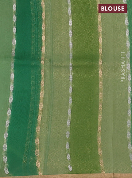 Banarasi organza silk saree green shade with allover silver & gold zari weaves and zari woven piping boder