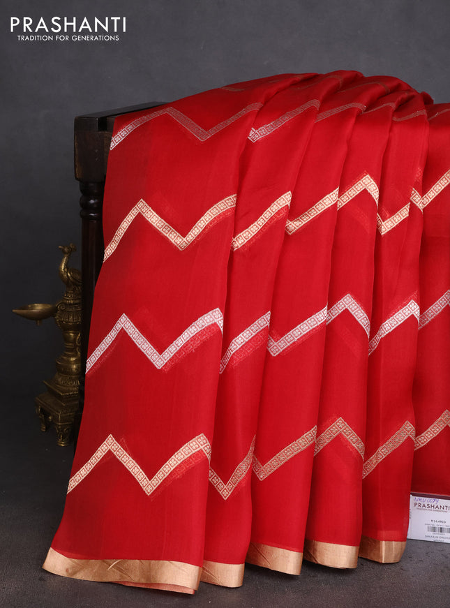 Banarasi organza silk saree red with silver & gold zig zag weaves and zari woven border