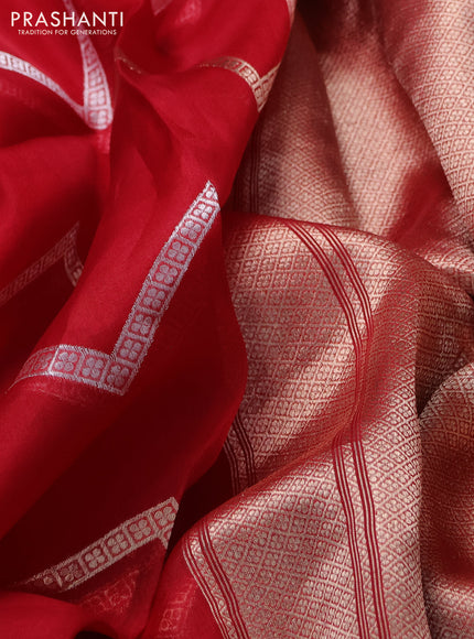 Banarasi organza silk saree red with silver & gold zig zag weaves and zari woven border