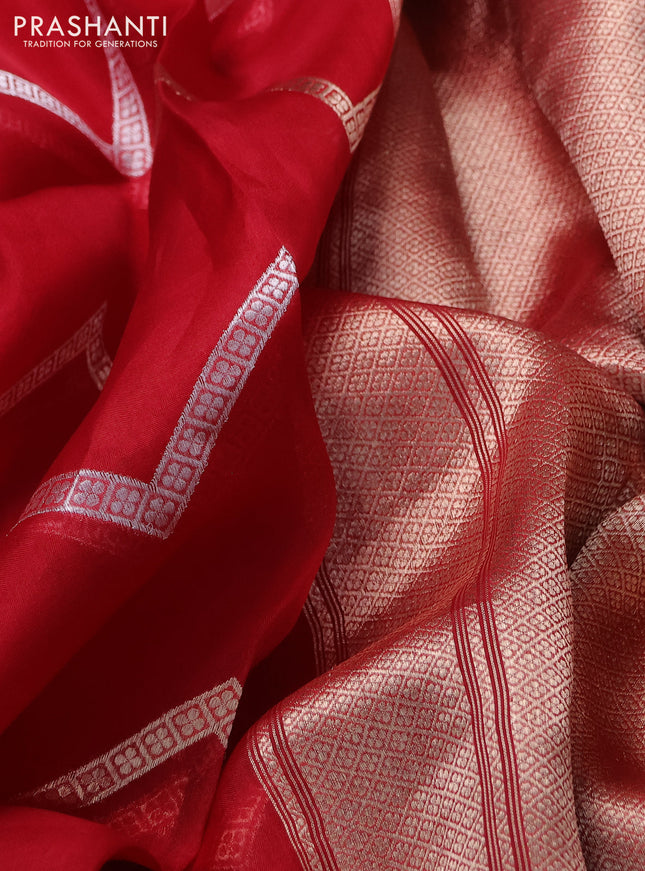Banarasi organza silk saree red with silver & gold zig zag weaves and zari woven border