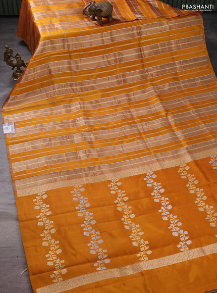 Pure organza silk saree mustard yellow with allover zari woven stripes pattern in borderless style