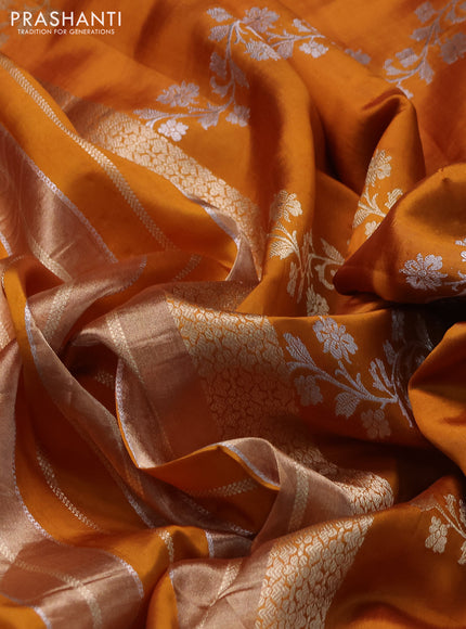 Pure organza silk saree mustard yellow with allover zari woven stripes pattern in borderless style