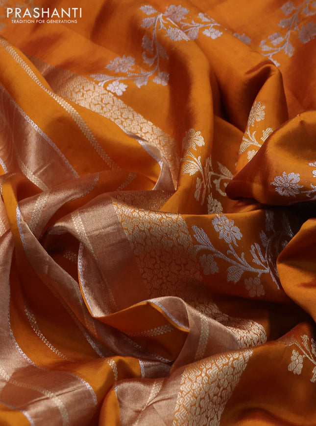 Pure organza silk saree mustard yellow with allover zari woven stripes pattern in borderless style