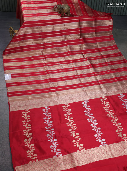 Pure organza silk saree red with allover zari woven stripes pattern in borderless style