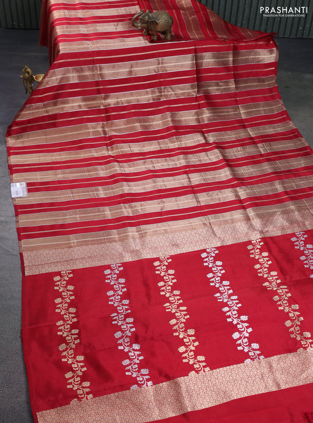 Pure organza silk saree red with allover zari woven stripes pattern in borderless style