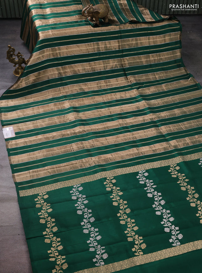 Pure organza silk saree green with allover zari woven stripes pattern in borderless style