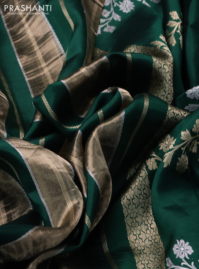 Pure organza silk saree green with allover zari woven stripes pattern in borderless style