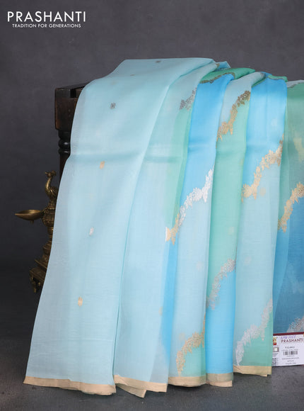 Banarasi organza silk saree pastel green and pastel blue with allover silver & gold zari weaves and zari woven piping boder
