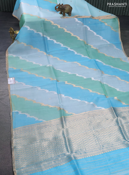 Banarasi organza silk saree pastel green and pastel blue with allover silver & gold zari weaves and zari woven piping boder