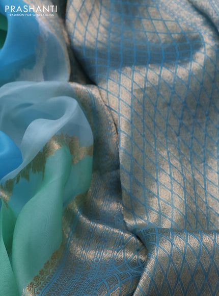 Banarasi organza silk saree pastel green and pastel blue with allover silver & gold zari weaves and zari woven piping boder