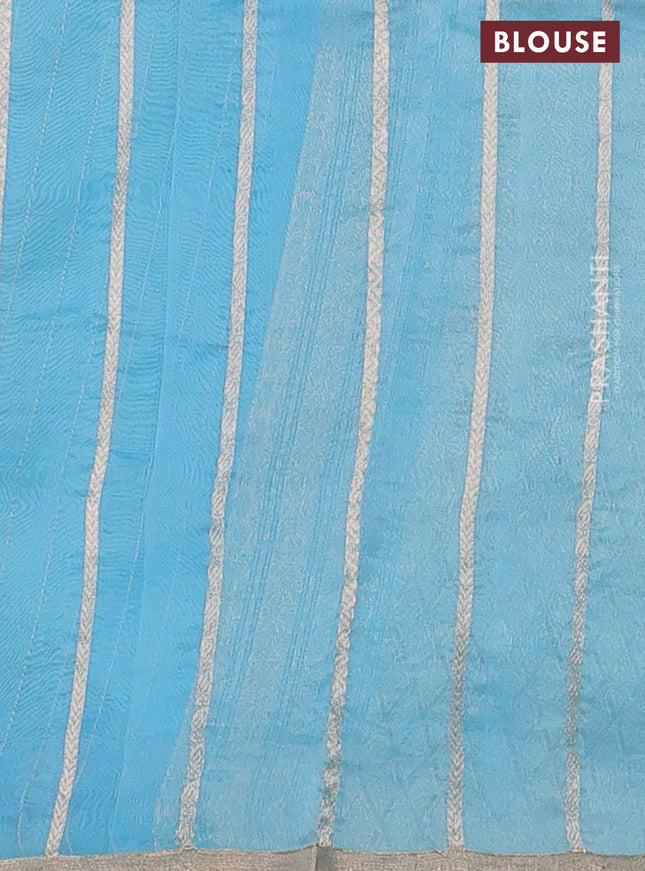 Banarasi organza silk saree pastel green and pastel blue with allover silver & gold zari weaves and zari woven piping boder