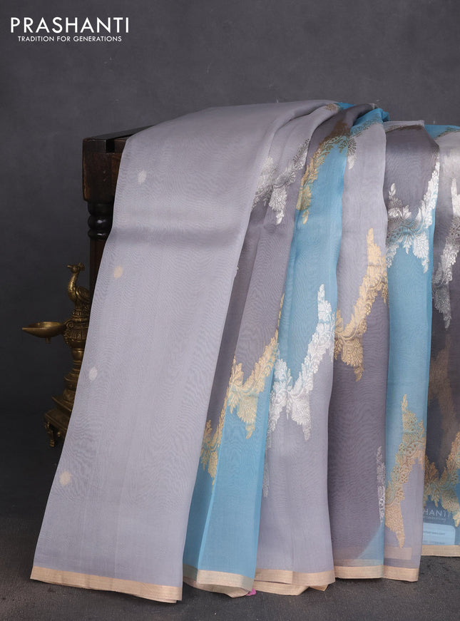 Banarasi organza silk saree grey and pastel blue with allover silver & gold zari weaves and zari woven piping boder