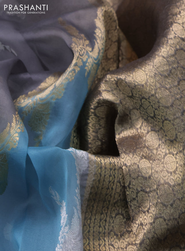 Banarasi organza silk saree grey and pastel blue with allover silver & gold zari weaves and zari woven piping boder