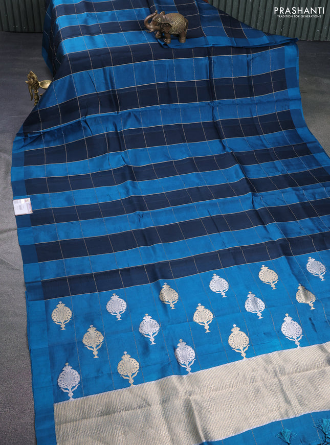 Pure organza silk saree peacock blue and cs blue with allover zari checks and simple border
